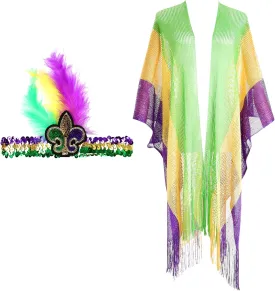 2 Pcs Mardi Gras Shawl Scarf, Poncho, Feather Headband Set - Gold, Green, Purple Cape Costume Accessories