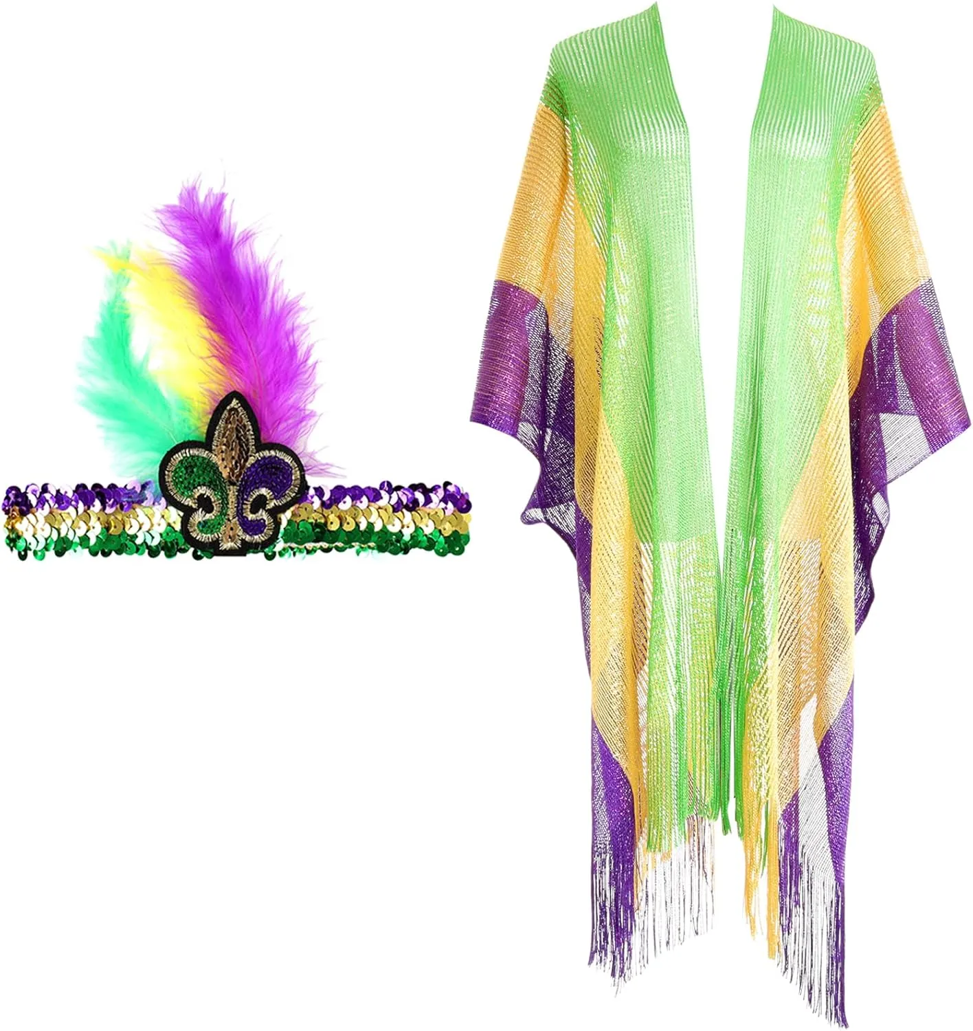 2 Pcs Mardi Gras Shawl Scarf, Poncho, Feather Headband Set - Gold, Green, Purple Cape Costume Accessories