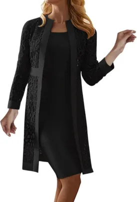 2 Pieces Mother of The Bride Dresses for Wedding with Jacket Knee Length Lace Applique Wedding Guest Dresses for Women