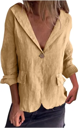 2024 Fall Cotton Linen Blazer Women Long Sleeve Lightweight One Button Cardigan Jackets Business Casual Work Outwear