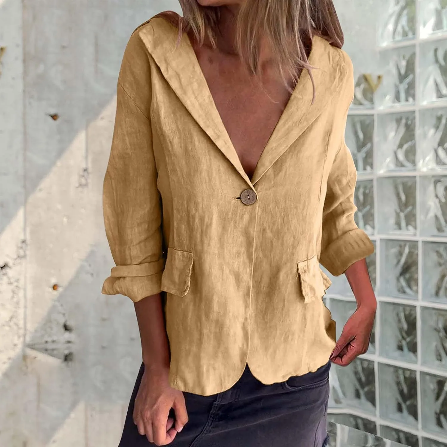 2024 Fall Cotton Linen Blazer Women Long Sleeve Lightweight One Button Cardigan Jackets Business Casual Work Outwear