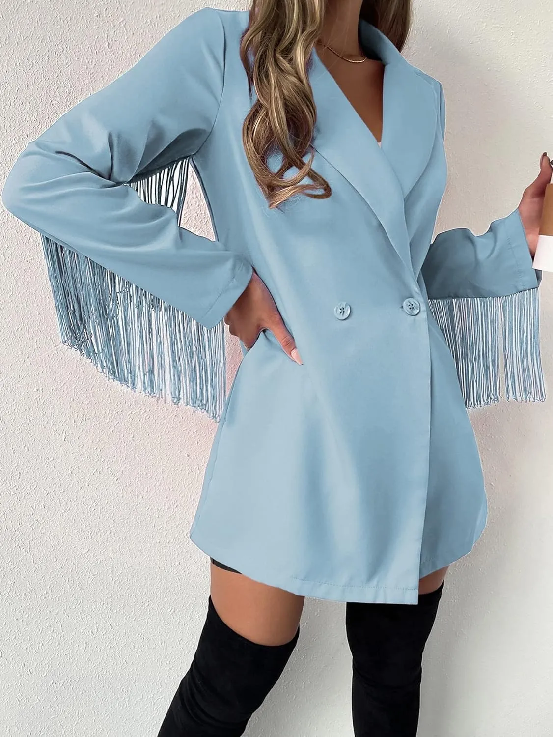 ADIOLI Jacket Women Lapel Neck Fringe Trim Longline Blazer Jacket (Color : Baby Blue, Size : Large)