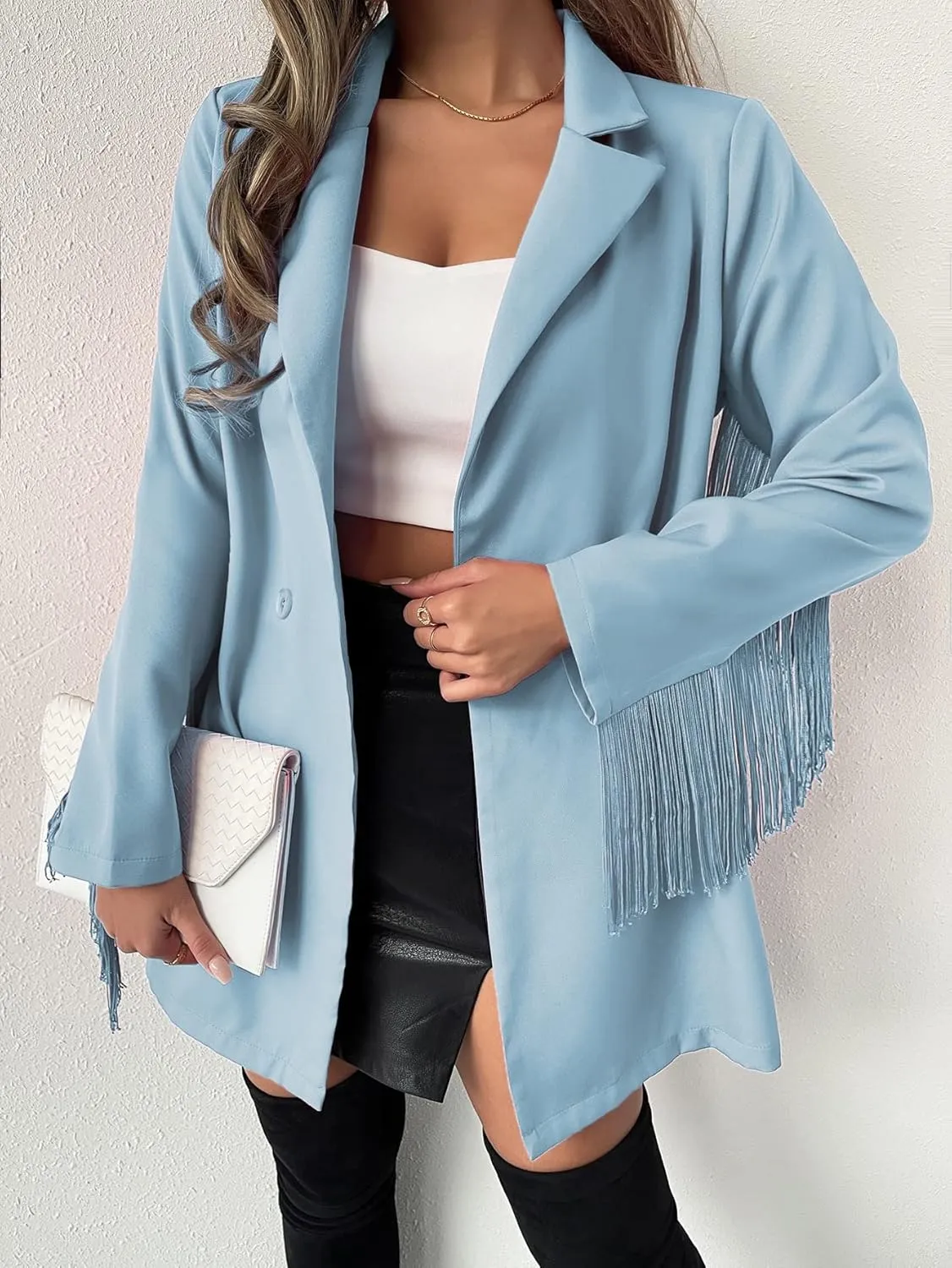 ADIOLI Jacket Women Lapel Neck Fringe Trim Longline Blazer Jacket (Color : Baby Blue, Size : Large)