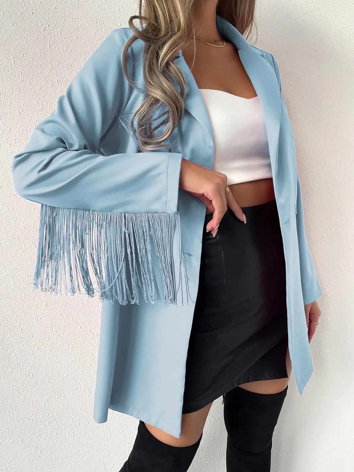 ADIOLI Jacket Women Lapel Neck Fringe Trim Longline Blazer Jacket (Color : Baby Blue, Size : Large)