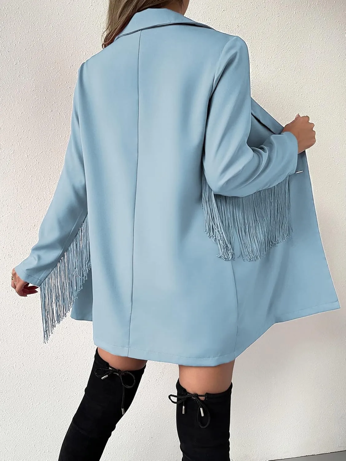 ADIOLI Jacket Women Lapel Neck Fringe Trim Longline Blazer Jacket (Color : Baby Blue, Size : Large)