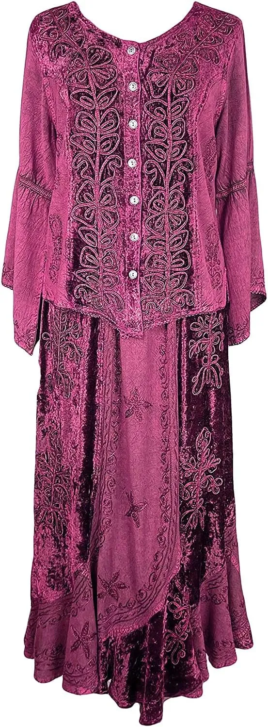 Agan Traders 2025 Spring Winter Long Sleeve Velvet Blouses - Vintage Renaissance Button Down Embroidered Tops for Women