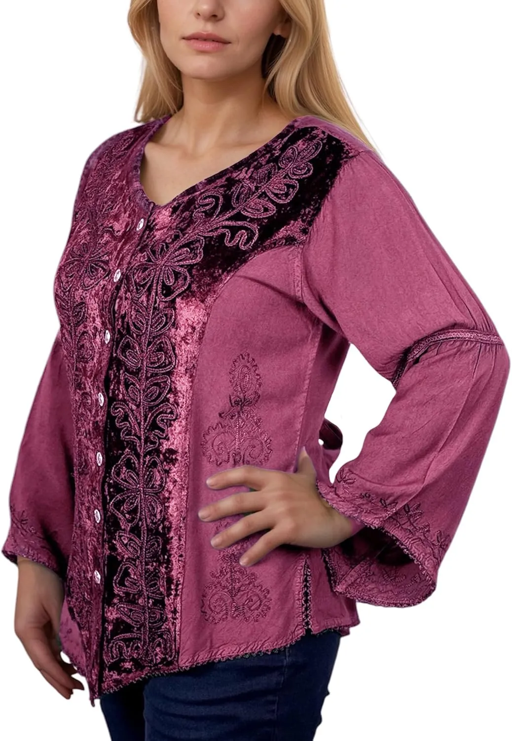 Agan Traders 2025 Spring Winter Long Sleeve Velvet Blouses - Vintage Renaissance Button Down Embroidered Tops for Women