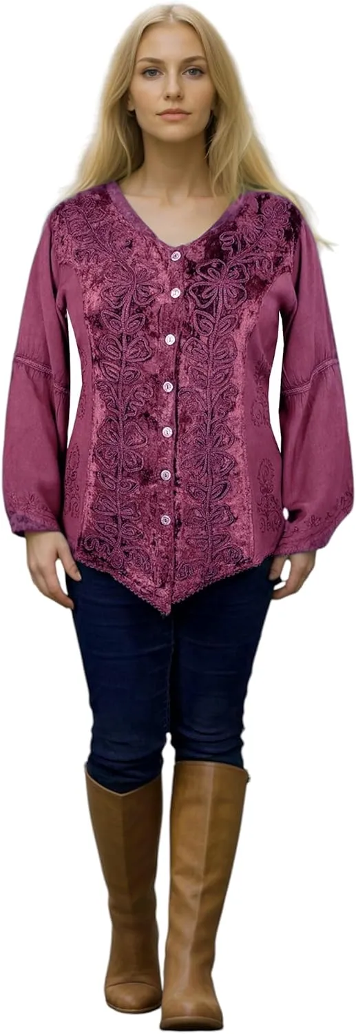 Agan Traders 2025 Spring Winter Long Sleeve Velvet Blouses - Vintage Renaissance Button Down Embroidered Tops for Women