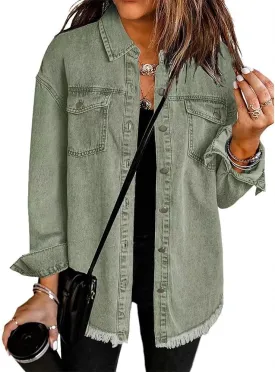 Akivide Womens Oversized Boyfriend Denim Jacket Casual Vintage Button Up Long Sleeve Frayed Hem Shacket with Pockets