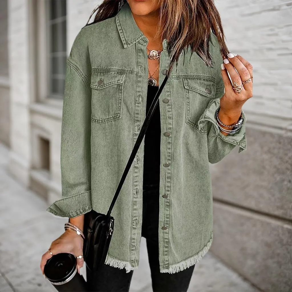 Akivide Womens Oversized Boyfriend Denim Jacket Casual Vintage Button Up Long Sleeve Frayed Hem Shacket with Pockets