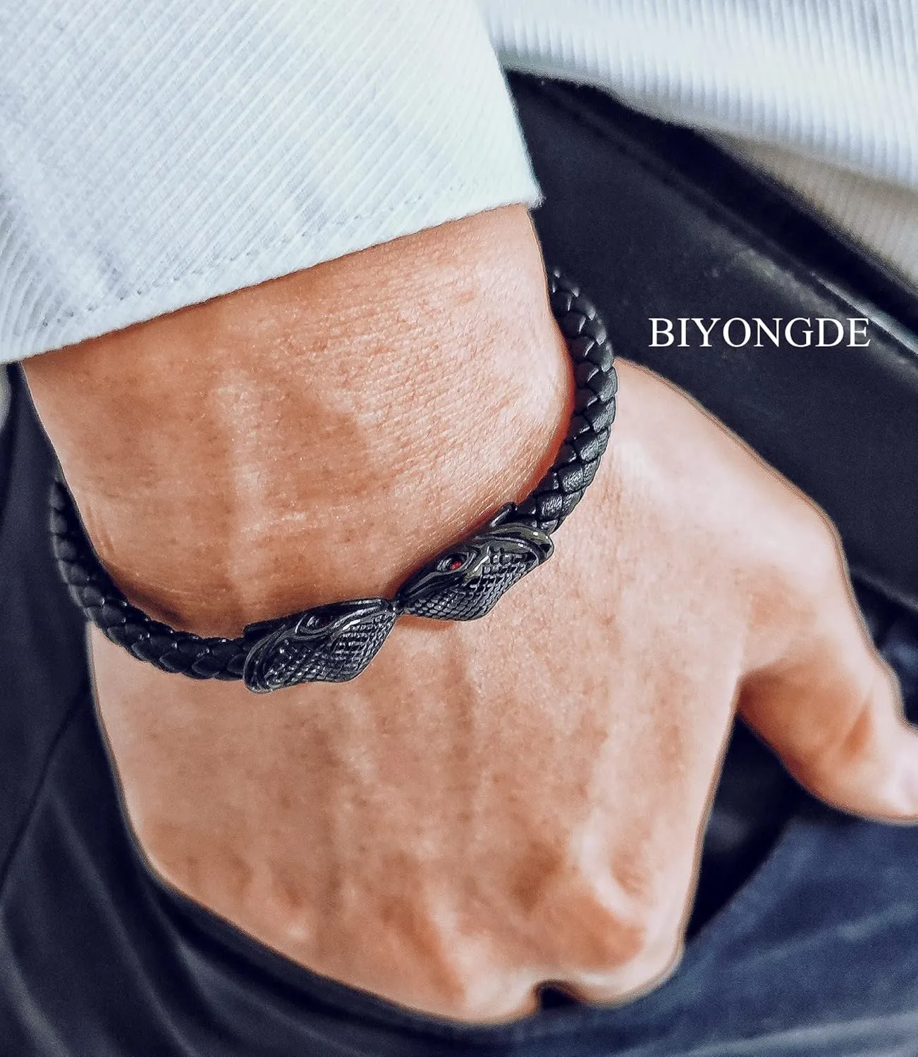 Black Braided Leather Animal Bangle Bracelet Black Steel Cobra Snake with Red Cubic Zirconia Eye