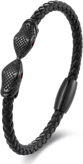 Black Braided Leather Animal Bangle Bracelet Black Steel Cobra Snake with Red Cubic Zirconia Eye