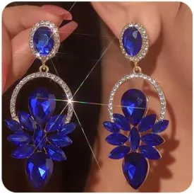 Chargances Vintage Royal Blue Rhinestone Statement Earrings Chic Crystal Teardrop Dangle Earrings for Wedding Women Brides
