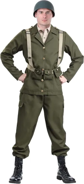 Deluxe WW2 Soldier Costume for Men, Adult Dark Green Military Combat Uniform Halloween Outfit, Army Party Attire