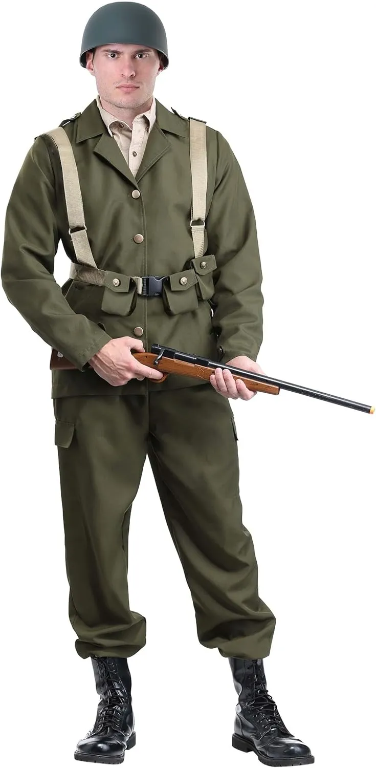 Deluxe WW2 Soldier Costume for Men, Adult Dark Green Military Combat Uniform Halloween Outfit, Army Party Attire