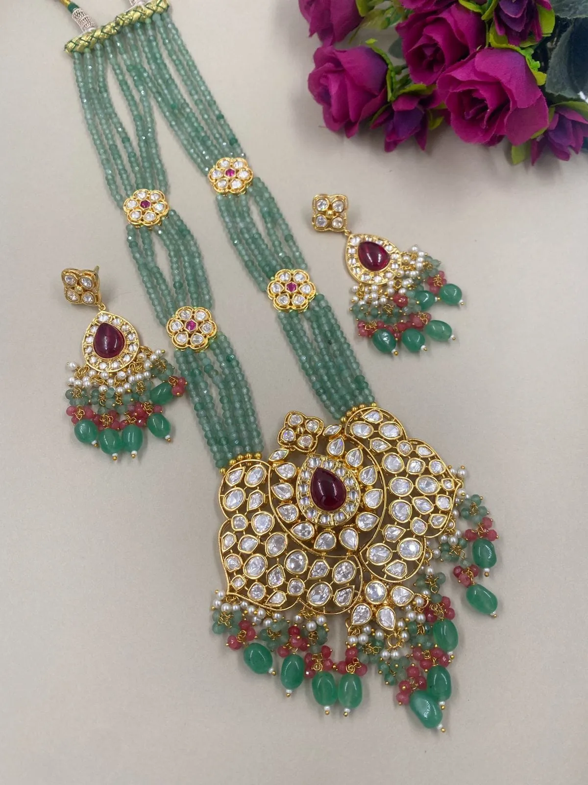 Designer Heavy Mint Green Kundan Bridal Necklace Set For Weddings By Gehna Shop
