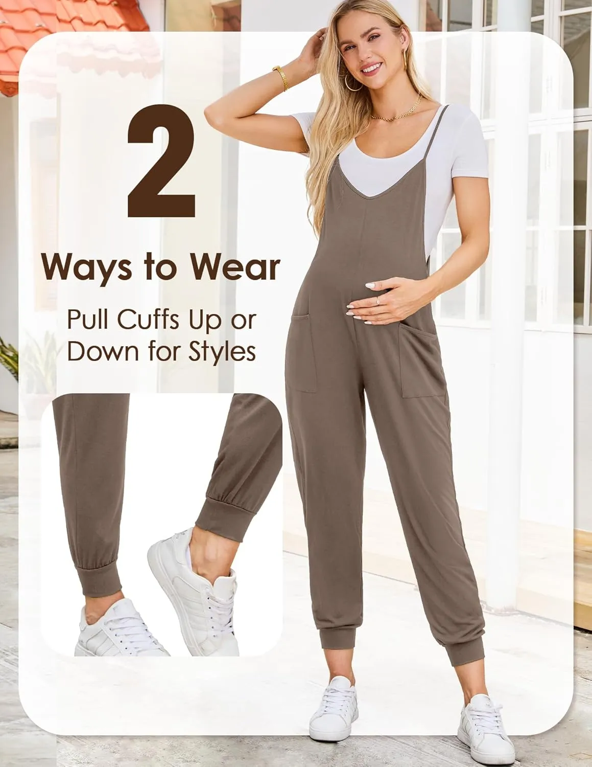 FABRACK Women's Maternity Jumpsuits Loose Adjustable Spaghetti Strap Jogger Overalls Outfits Pregnancy Romper with Pockets