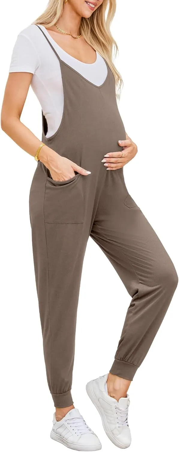 FABRACK Women's Maternity Jumpsuits Loose Adjustable Spaghetti Strap Jogger Overalls Outfits Pregnancy Romper with Pockets