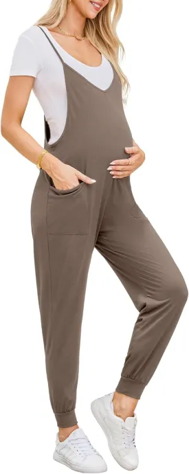 FABRACK Women's Maternity Jumpsuits Loose Adjustable Spaghetti Strap Jogger Overalls Outfits Pregnancy Romper with Pockets