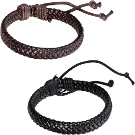 Flongo 2PCS Men's Womens Braided Black & Brown Leather Rope Woven Wrap Surfer Cuff Bracelets Set, Fit 7.6-10.6 inch Wrist