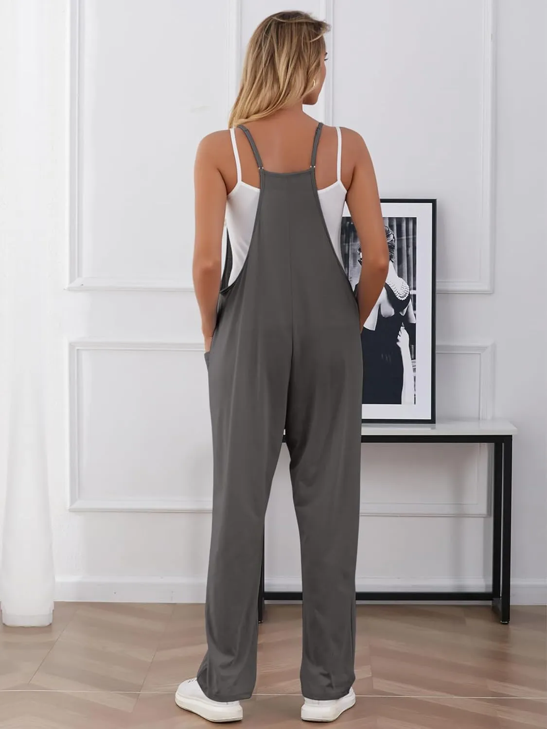 FLORENCE IISA Women's Casual Loose Sleeveless Jumpsuit with Adjustable Spaghetti Straps Long Pants Romper Overall with Pocket