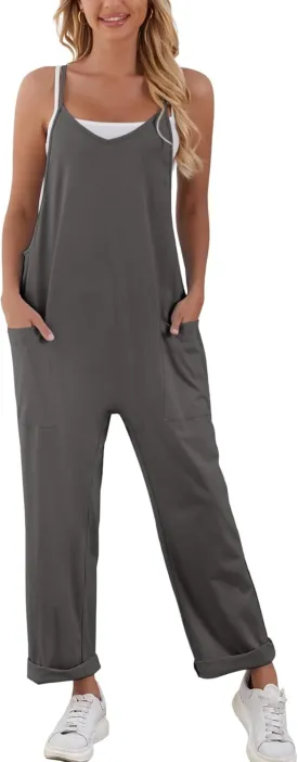 FLORENCE IISA Women's Casual Loose Sleeveless Jumpsuit with Adjustable Spaghetti Straps Long Pants Romper Overall with Pocket