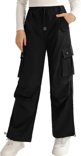 Girls Cargo Jogger Pants Parachute Pants with Elastic Waist and Pockets Cargo Trousers for Teens Girls 7-14 Years