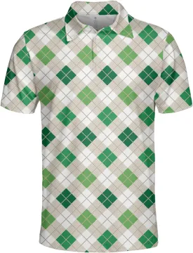 Green Argyle Pattern Diagonal Diamond Polo Shirts for Men Women Men's Golf Shirts Short Sleeve, Lightweight Golf Polos