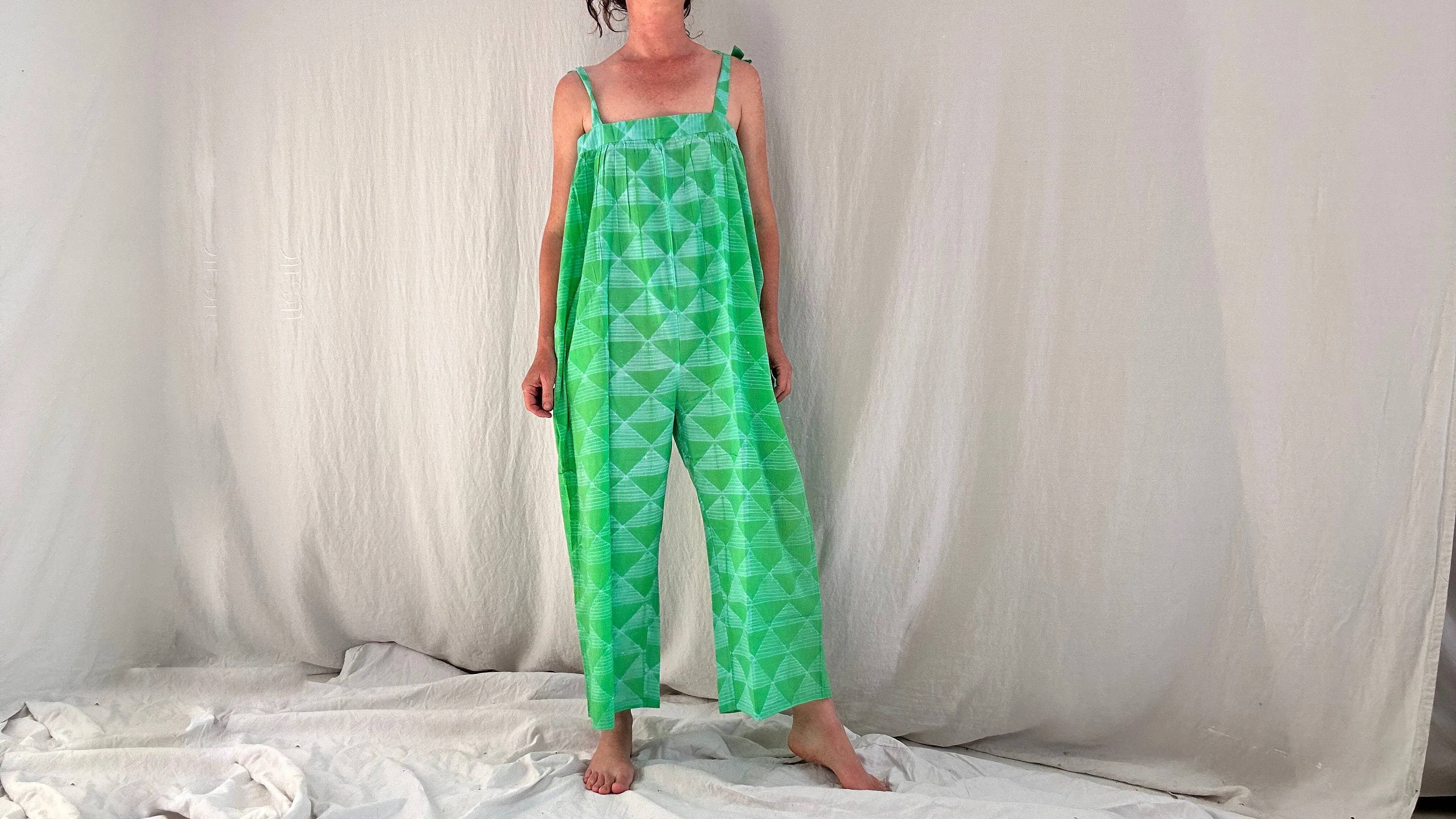 Green Bhandani Overalls. Cotton. Tie Dye. One Size