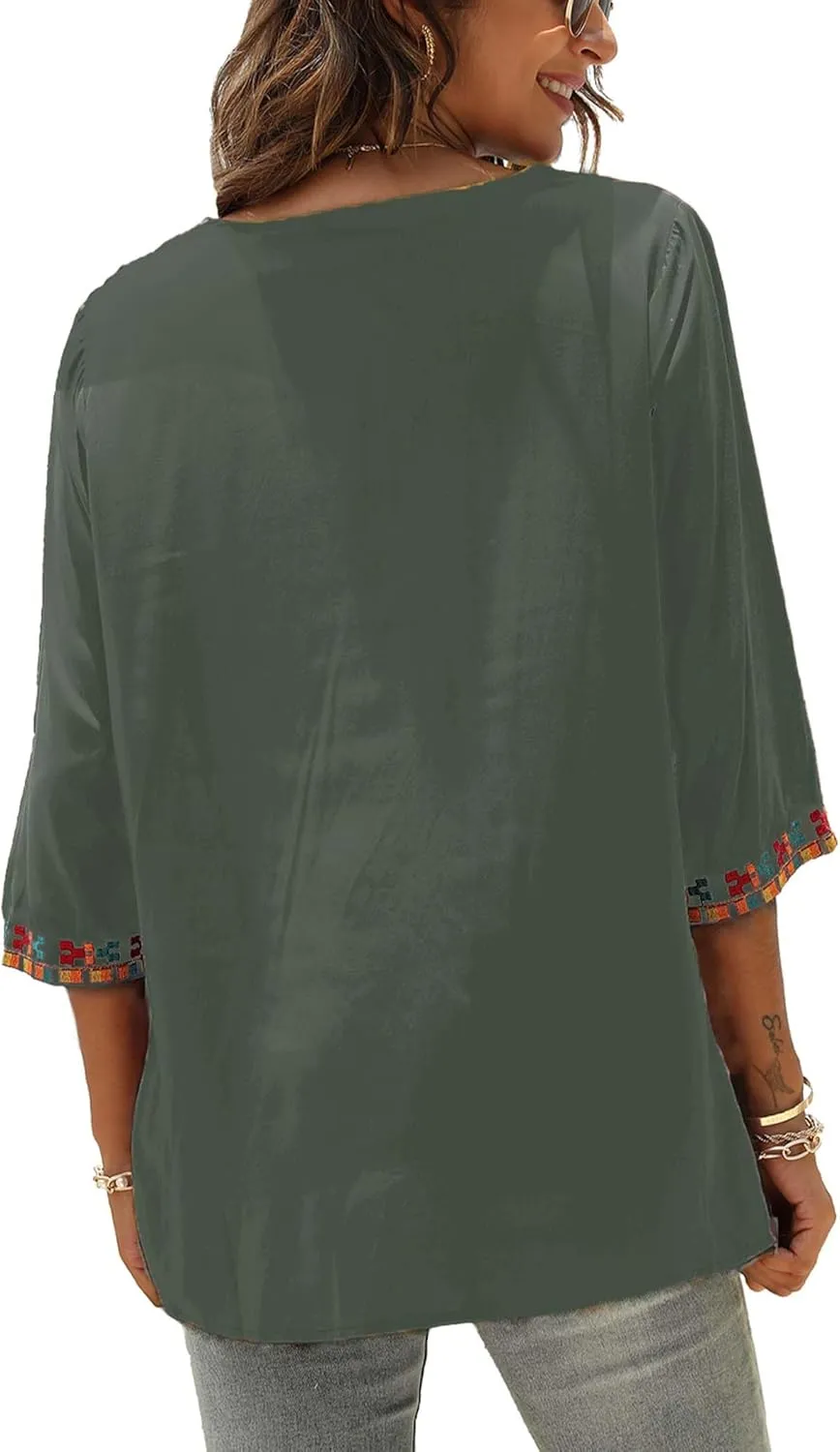 LauraKlein Women's Summer Boho Embroidery Mexican Bohemian Tops V Neck 3/4 Sleeve Causal Loose Shirt Blouse Tunic