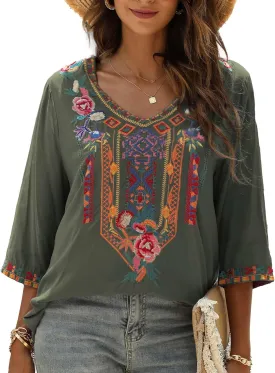 LauraKlein Women's Summer Boho Embroidery Mexican Bohemian Tops V Neck 3/4 Sleeve Causal Loose Shirt Blouse Tunic