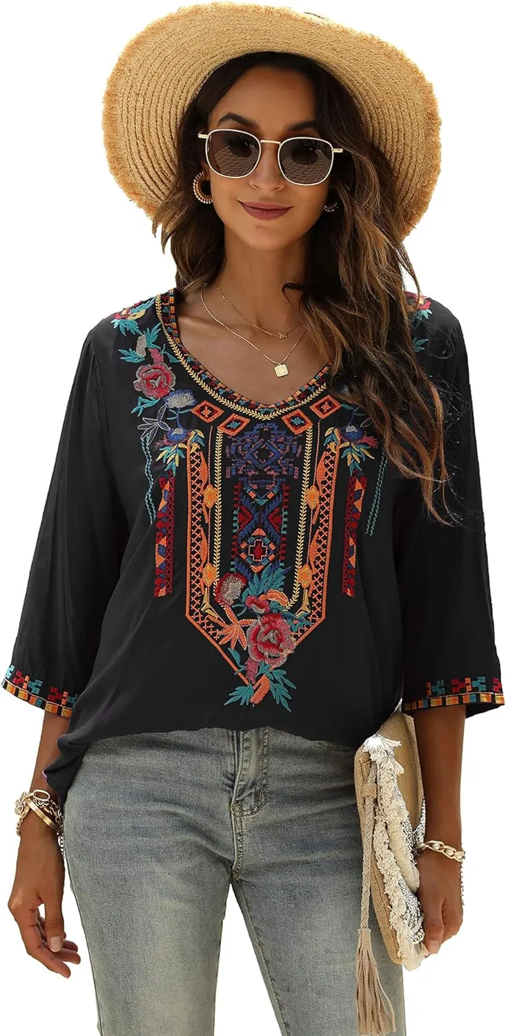 LauraKlein Women's Summer Boho Embroidery Mexican Bohemian Tops V Neck 3/4 Sleeve Causal Loose Shirt Blouse Tunic