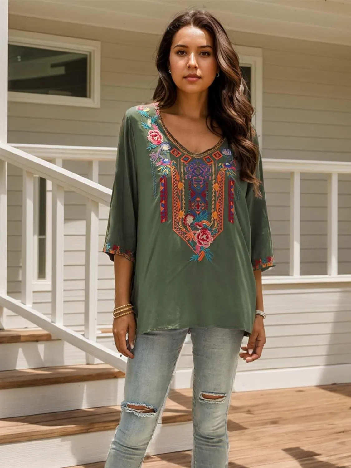 LauraKlein Women's Summer Boho Embroidery Mexican Bohemian Tops V Neck 3/4 Sleeve Causal Loose Shirt Blouse Tunic