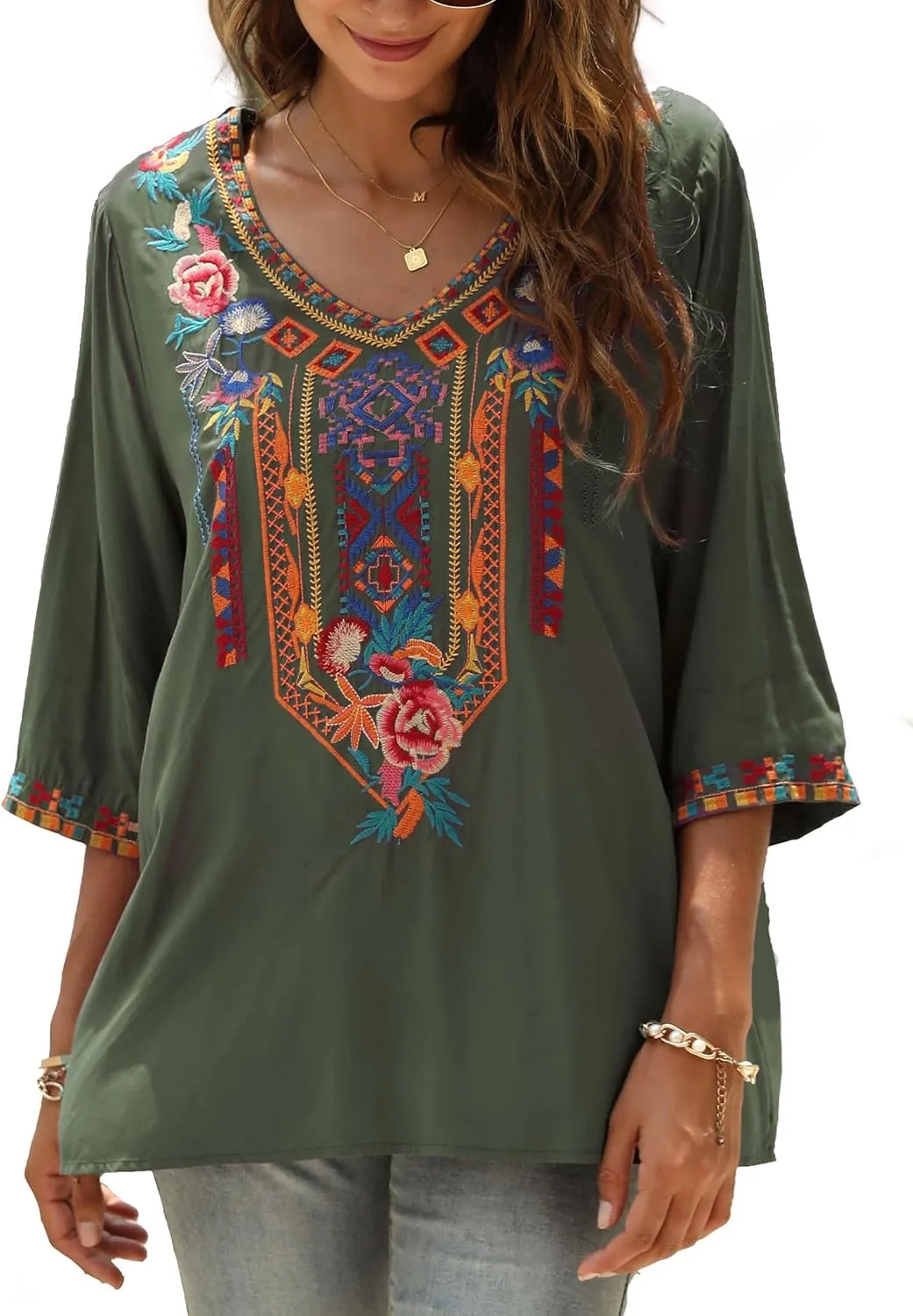 LauraKlein Women's Summer Boho Embroidery Mexican Bohemian Tops V Neck 3/4 Sleeve Causal Loose Shirt Blouse Tunic