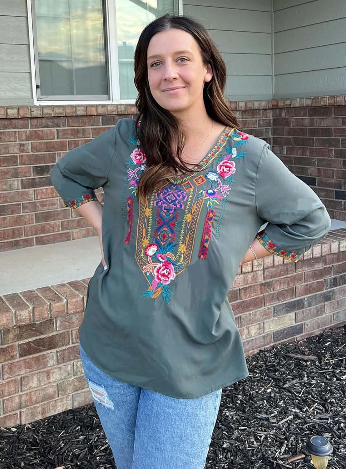 LauraKlein Women's Summer Boho Embroidery Mexican Bohemian Tops V Neck 3/4 Sleeve Causal Loose Shirt Blouse Tunic