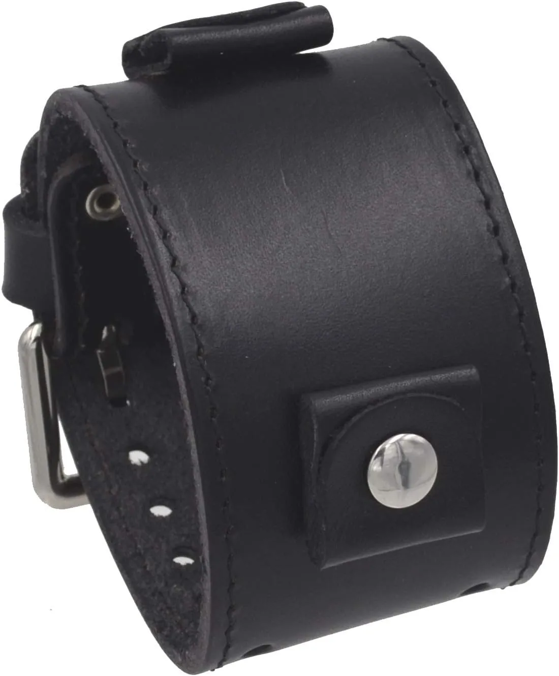 LBB-KK 24mm Lug Width Wide Black Leather Cuff Wrist Watch Band with Black Stitching