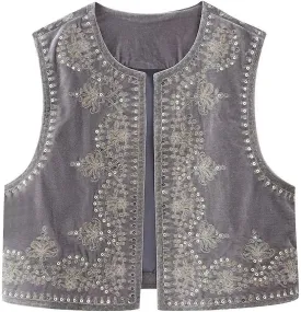 Lordree Women Retro Embroidered Floral Vest Tops Y2k Sleeveless Open Front Crop Vest Vintage Fashion Floral Sleeveless Blazer