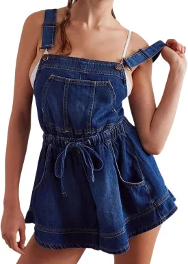 loveimgs Women Summer Cute Sleeveless Wide Leg Denim Romper Shorts Overall Flared Culottes Backless Straps Jean Jumpsuit Y2k
