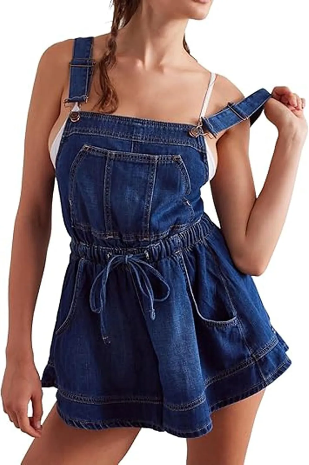 loveimgs Women Summer Cute Sleeveless Wide Leg Denim Romper Shorts Overall Flared Culottes Backless Straps Jean Jumpsuit Y2k