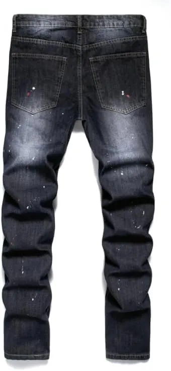 Men's Letter Printed Ripped Slim Fit Moto Biker Casual Straight Jeans