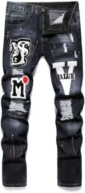 Men's Letter Printed Ripped Slim Fit Moto Biker Casual Straight Jeans