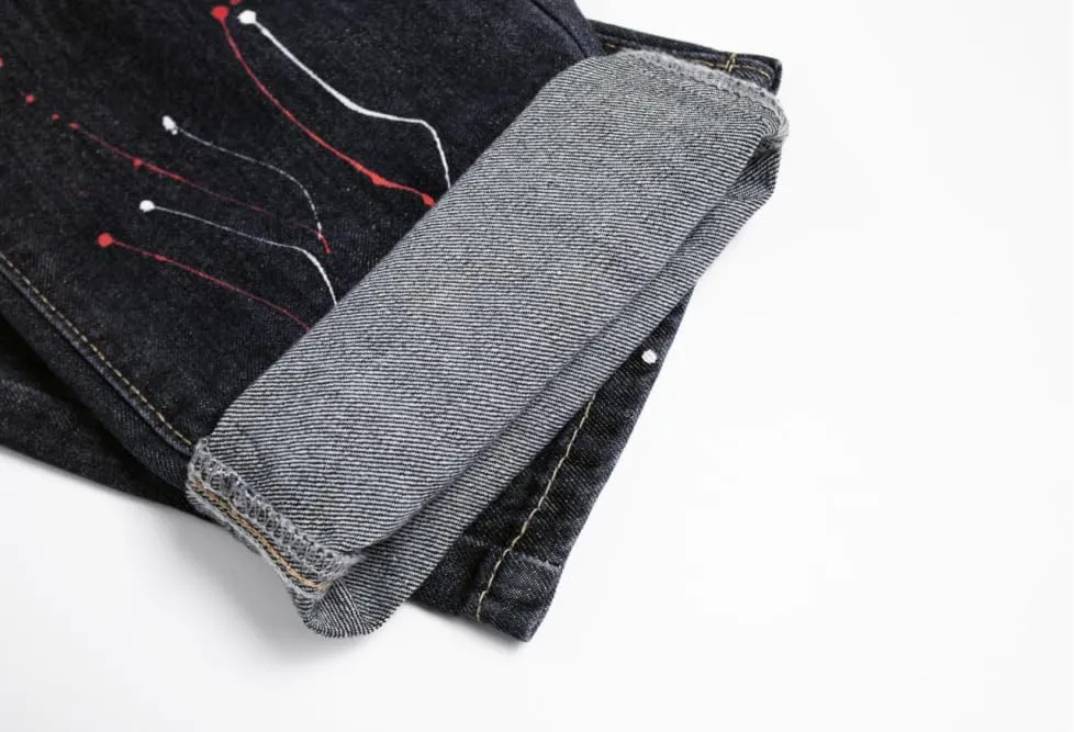 Men's Letter Printed Ripped Slim Fit Moto Biker Casual Straight Jeans