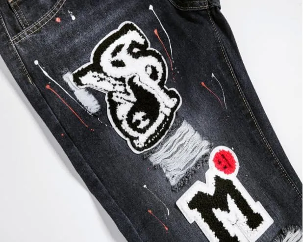 Men's Letter Printed Ripped Slim Fit Moto Biker Casual Straight Jeans