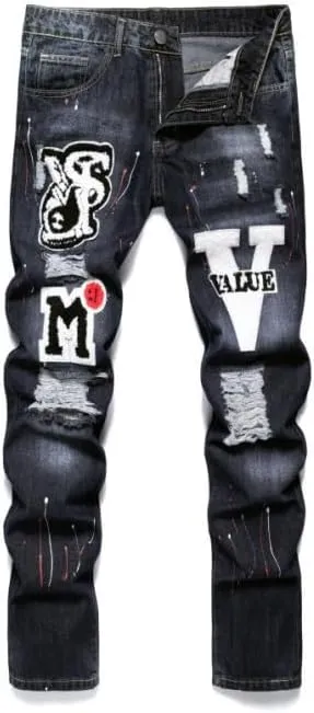 Men's Letter Printed Ripped Slim Fit Moto Biker Casual Straight Jeans