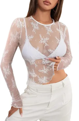 MEROKEETY Womens 2025 Spring Lace Sheer Mesh Top Crewneck Sexy Y2k See Through Going Out Long Sleeve Blouse Shirts