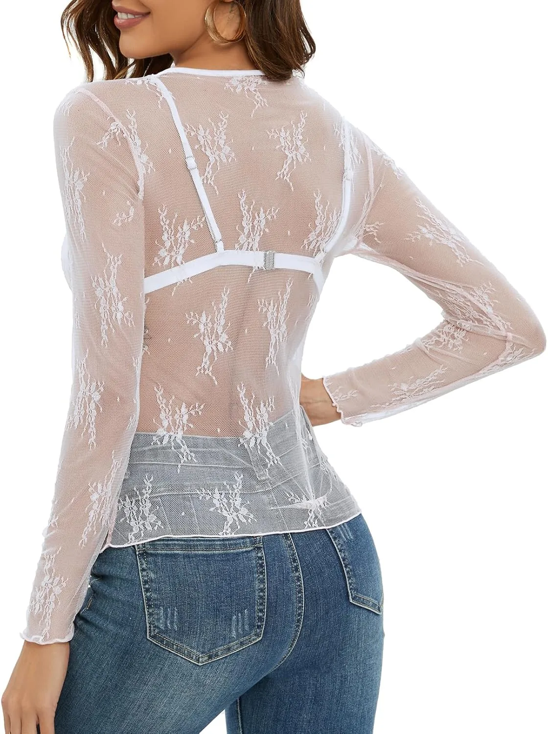 MEROKEETY Womens 2025 Spring Lace Sheer Mesh Top Crewneck Sexy Y2k See Through Going Out Long Sleeve Blouse Shirts