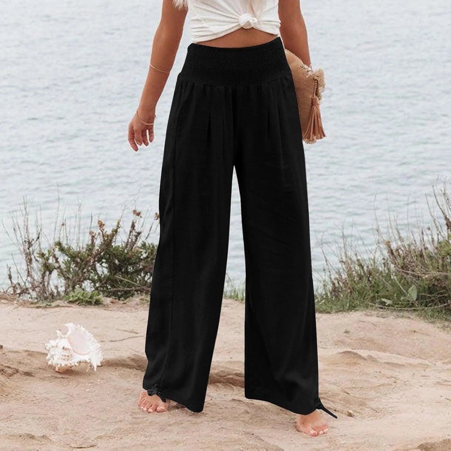 NaRHbrg Linen Pants Women Summer Wide Leg Flowy Beach Palazzo Pants High Waisted Drawstring Casual Trousers with Pockets