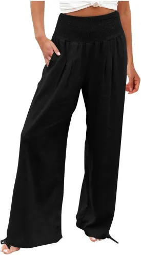 NaRHbrg Linen Pants Women Summer Wide Leg Flowy Beach Palazzo Pants High Waisted Drawstring Casual Trousers with Pockets
