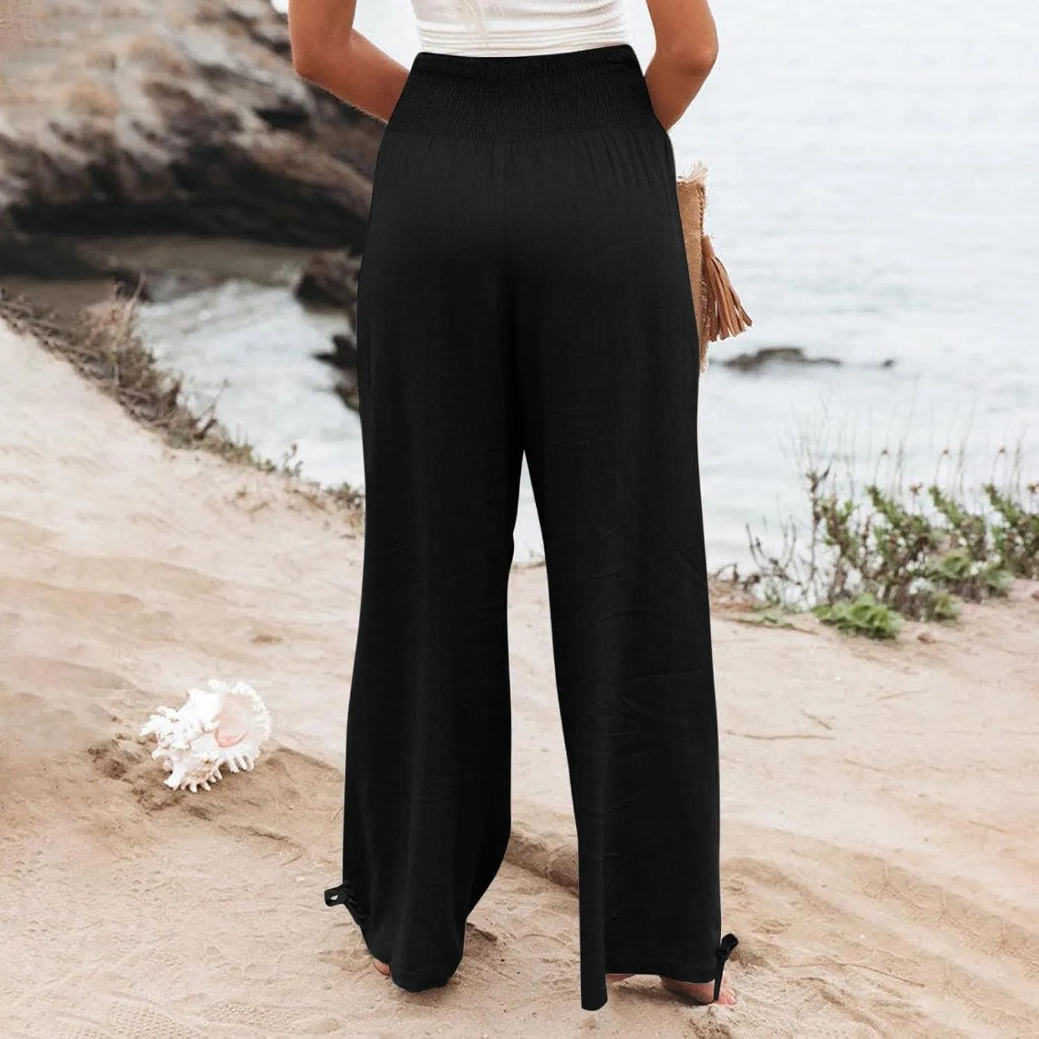 NaRHbrg Linen Pants Women Summer Wide Leg Flowy Beach Palazzo Pants High Waisted Drawstring Casual Trousers with Pockets