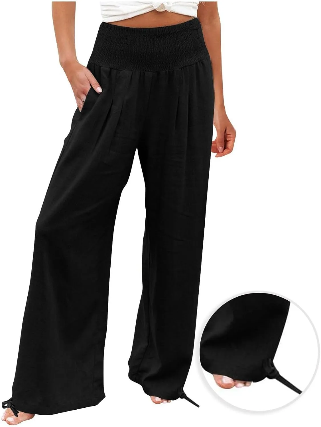 NaRHbrg Linen Pants Women Summer Wide Leg Flowy Beach Palazzo Pants High Waisted Drawstring Casual Trousers with Pockets